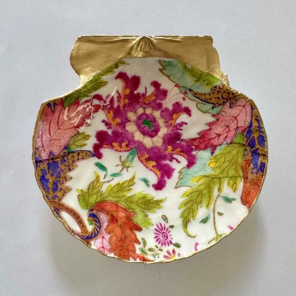 Chinoiserie Floral Shell Ring Dish Handmade Trinket Dish Maximalist Boho Decor